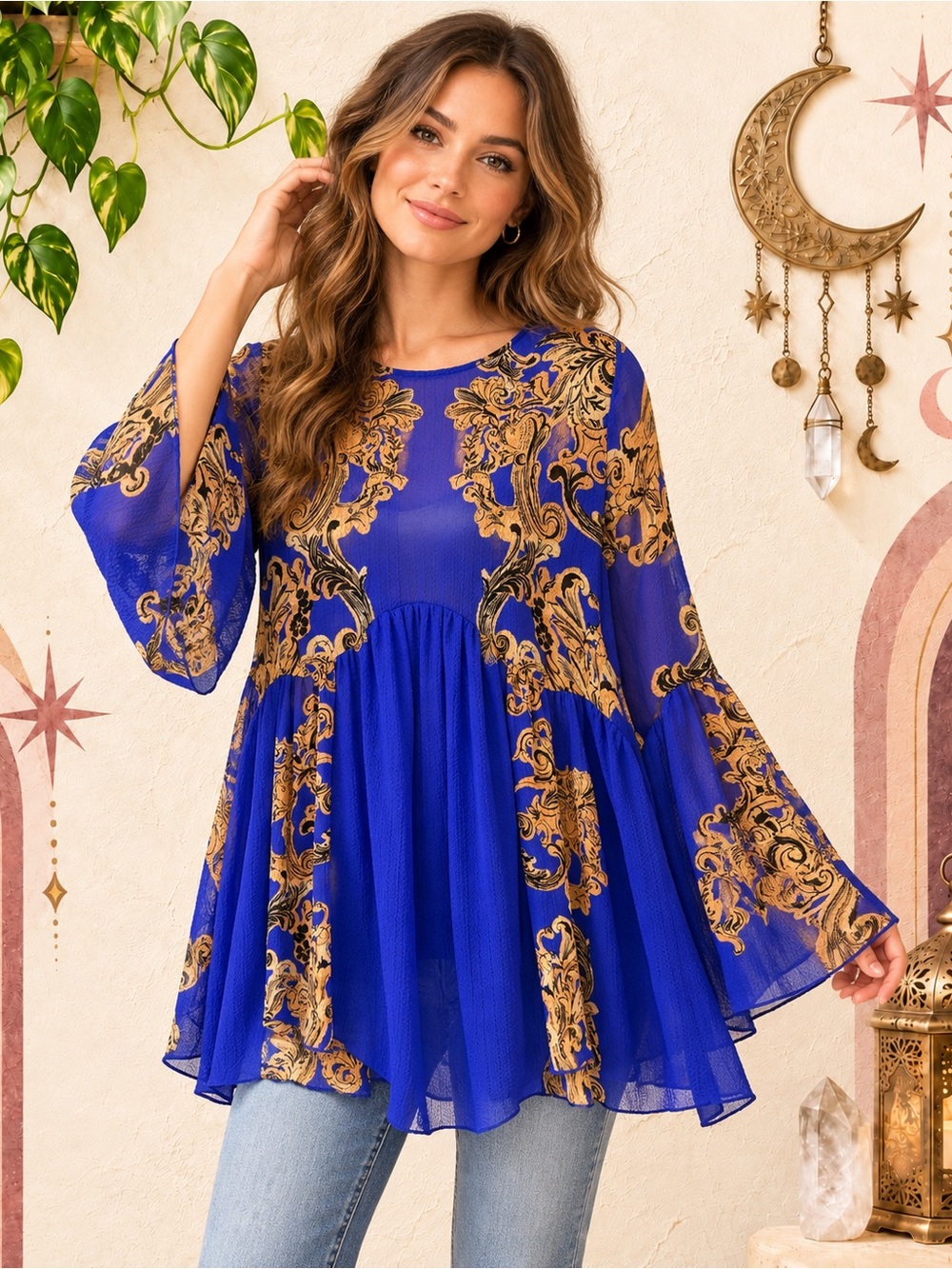 Free People Symphony Tunic Blue & Gold Paisley Blouse